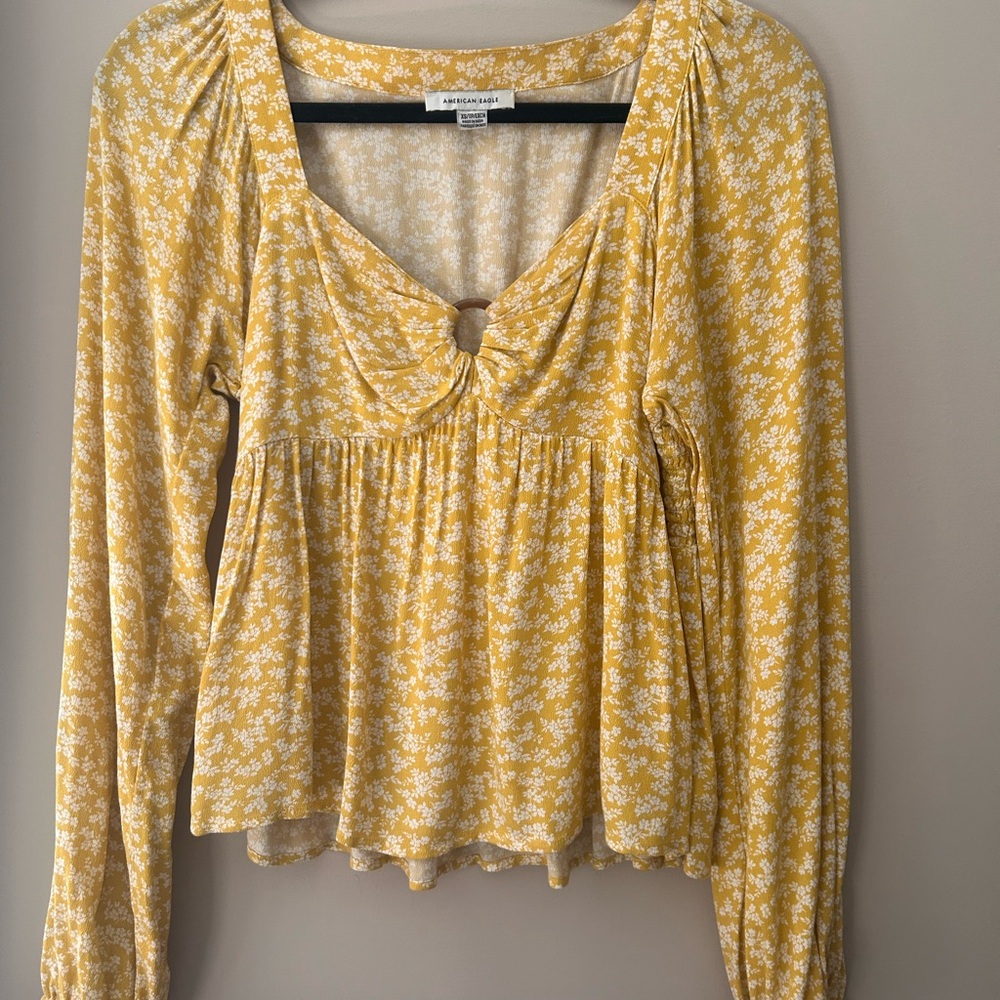 American Rag Yellow Floral Long-Sleeve Peplum Top